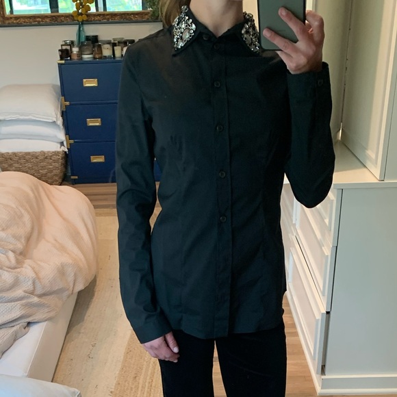 DESIGNER PRADA BLACK SHIRT W EMBROIDERED COLLAR - Picture 11 of 14